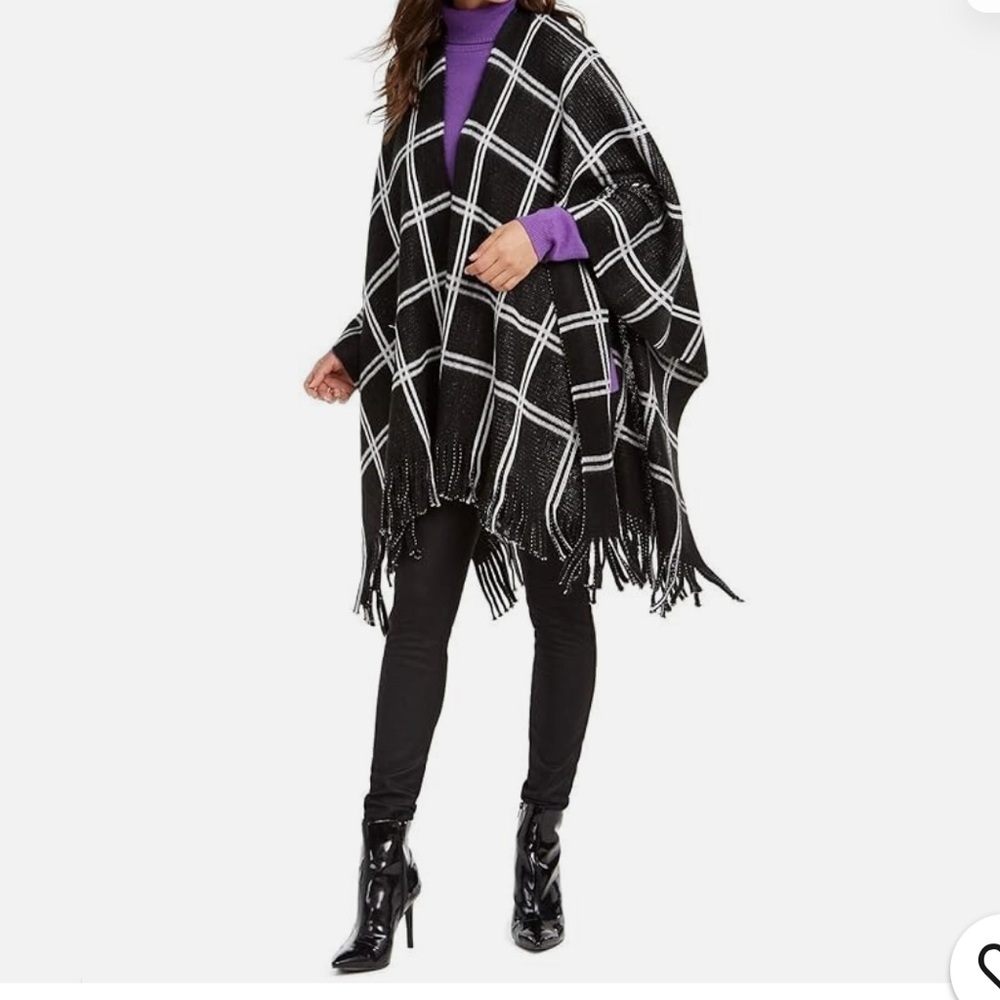Vince Camuto Black and White Window Pane Knit Ruana Poncho ONE SIZE
